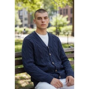 Vtg J Crew Oarsman Chunky Cable Knit Fisherman Cardigan Grandpa Core Blue L